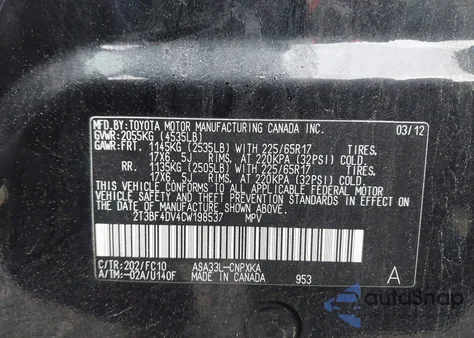 2012 Toyota Rav4 из США, поврежденный, VIN 2T3BF4DV4CW198537